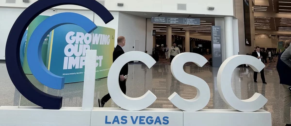 The ICSC Las Vegas 2026 sign on the convention center floor